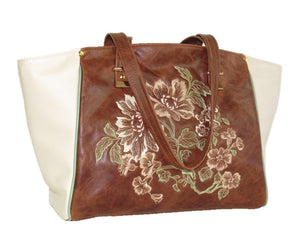 Brown and Ivory Leather Tote relaxed handles
