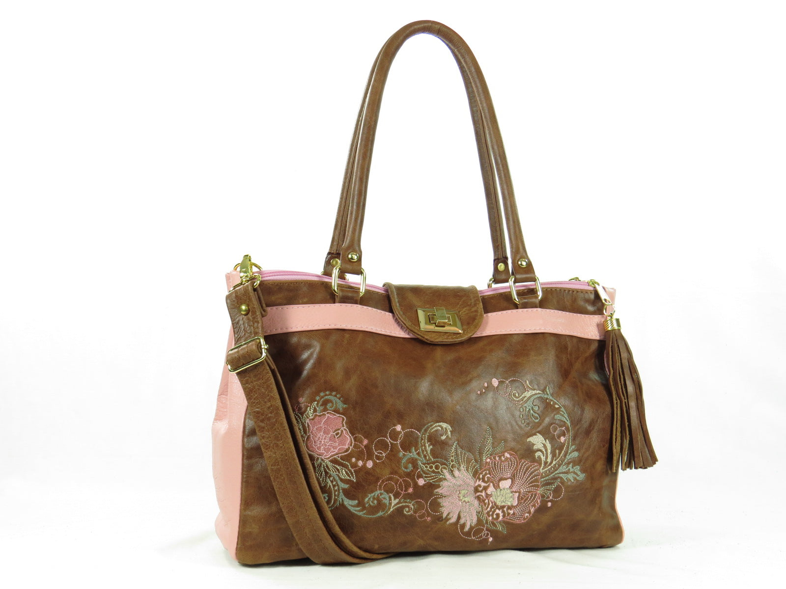 Brown and Pink Leather Sectional Satchel