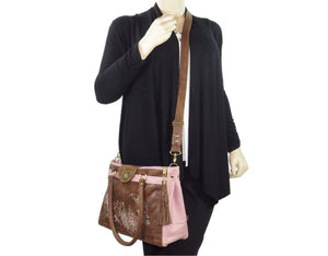 Brown and Pink Leather Sectional Satchel cross body carry