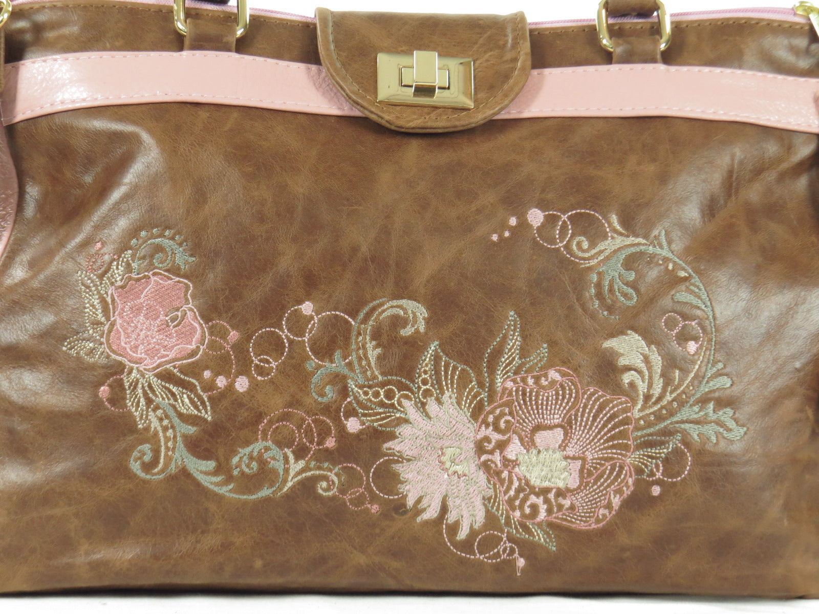 Brown and Pink Leather Sectional Satchel embroidery on leather