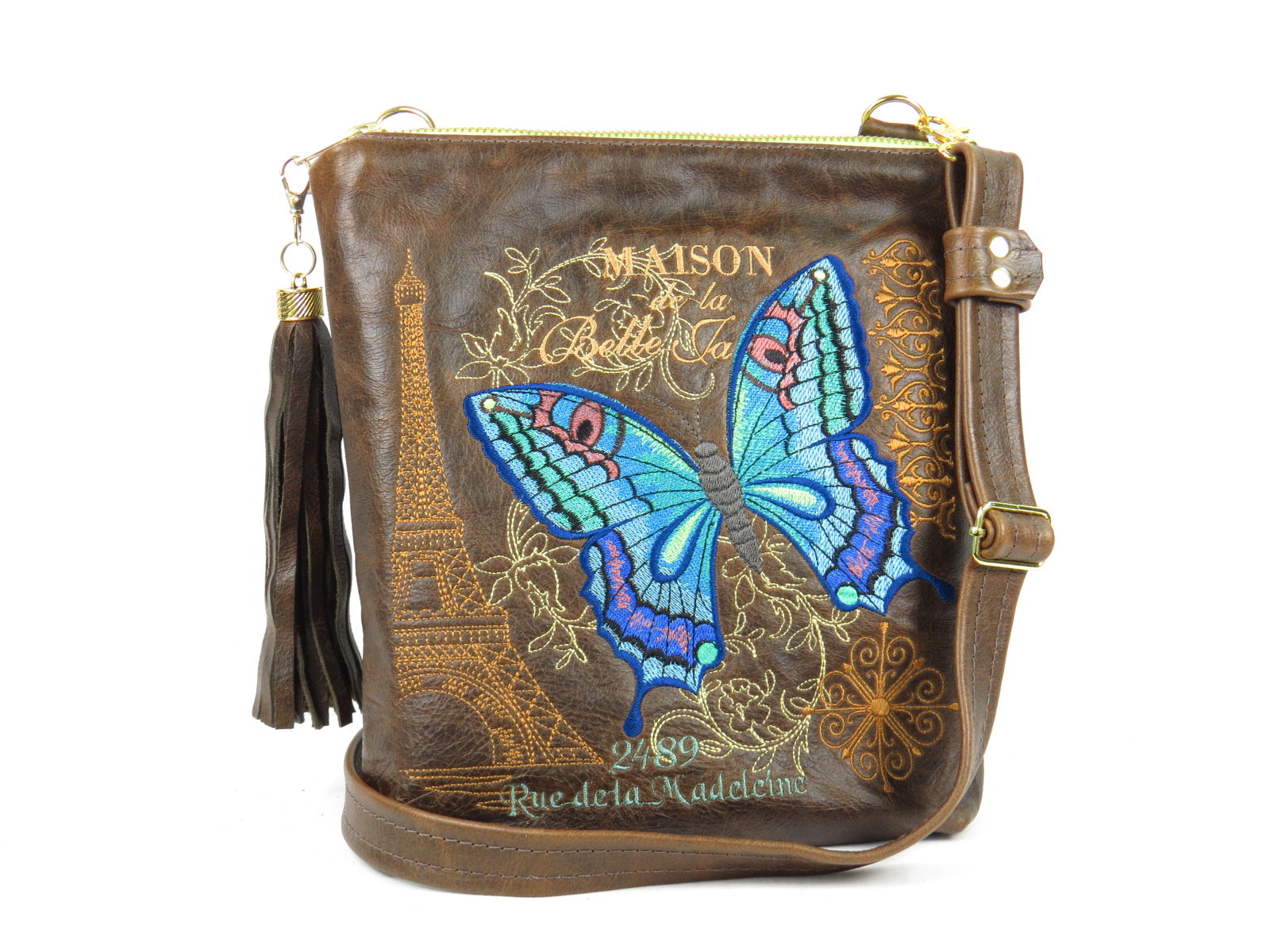 Butterfly Embroidered Chocolate Brown Leather Cross Body Handbag
