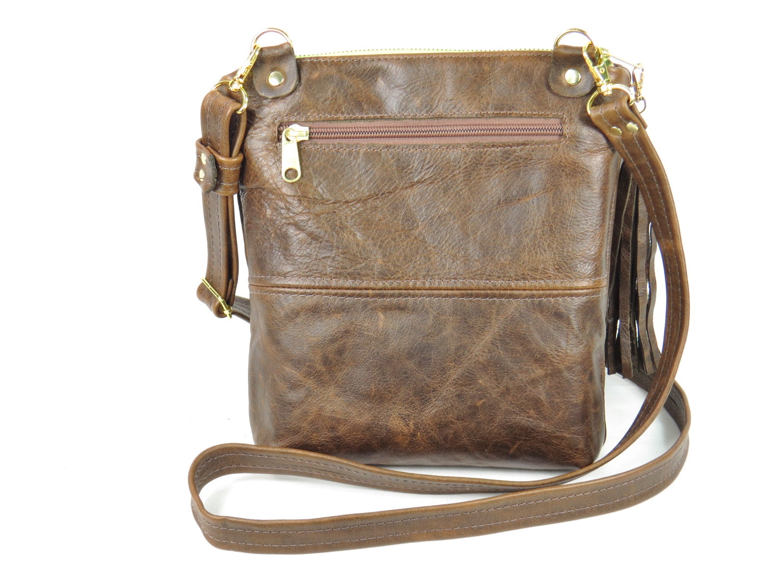 Butterfly Embroidered Chocolate Brown Leather Cross Body Handbag backside zipper pocket