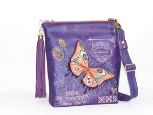 Butterfly Embroidered Royal Purple Leather Cross Body Handbag
