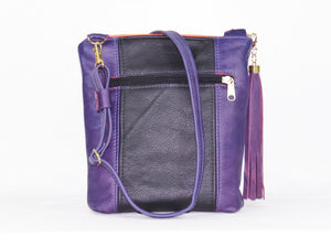 Butterfly Embroidered Royal Purple Leather Cross Body Handbag exterior zipper pocket