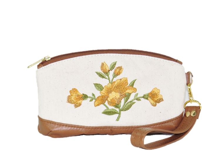 Canvas and Leather Embroidered Wristlet