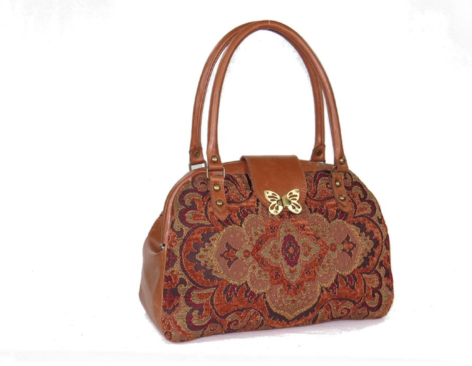 Caramel Brown Leather and Tapestry Mary Poppins Carpet Bag 1