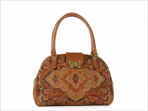 Caramel Brown Leather and Tapestry Mary Poppins Carpet Bag 3D