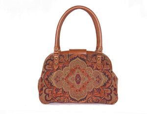 Caramel Brown Leather and Tapestry Mary Poppins Carpet Bag back view
