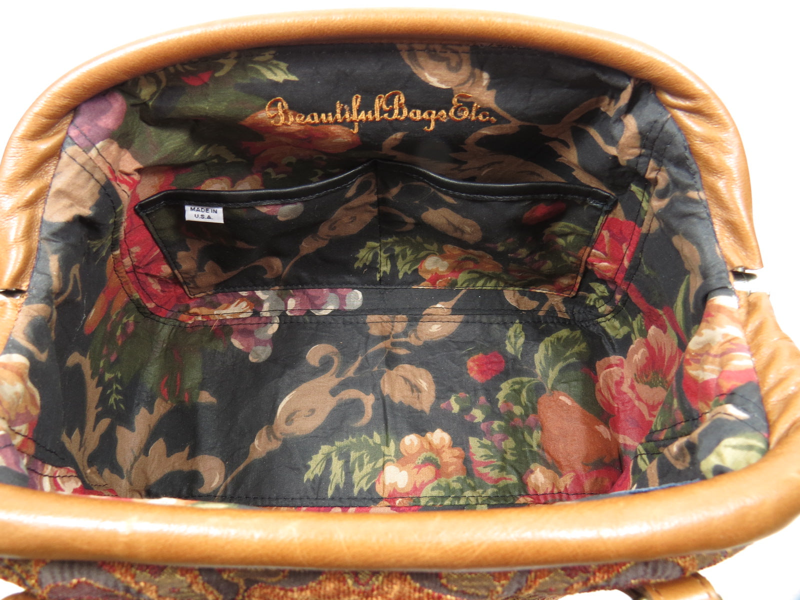 Caramel Brown Leather and Tapestry Mary Poppins Carpet Bag interior