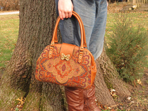 Caramel Brown Leather and Tapestry Mary Poppins Carpet Bag model