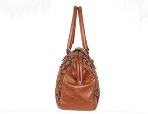 Caramel Brown Leather and Tapestry Mary Poppins Carpet Bag side view
