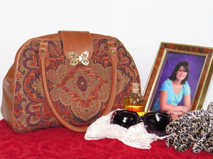 Caramel Brown Leather and Tapestry Mary Poppins Carpet Bag vignette