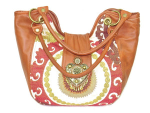 Caramel Leather and Mandala Tapestry Bucket Bag front