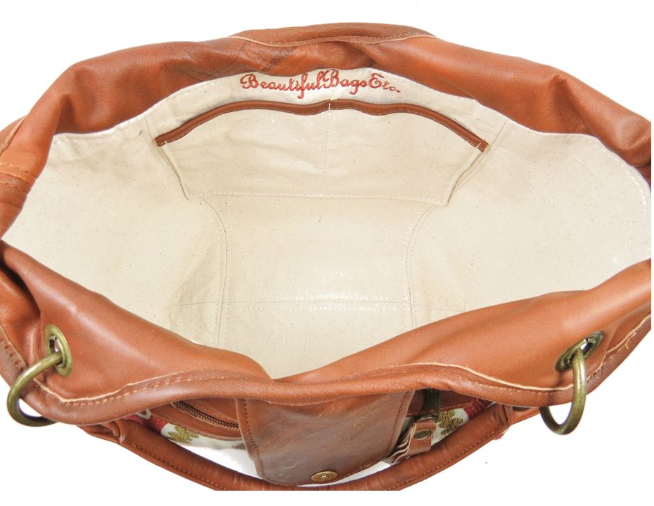 Caramel Leather and Mandala Tapestry Bucket Bag interior