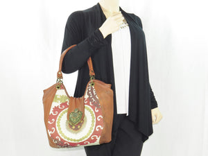 Caramel Leather and Mandala Tapestry Bucket Bag with model