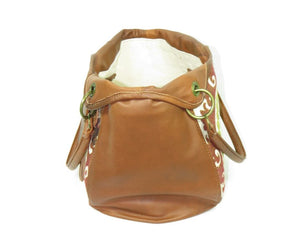 Caramel Leather and Mandala Tapestry Bucket Bag open view