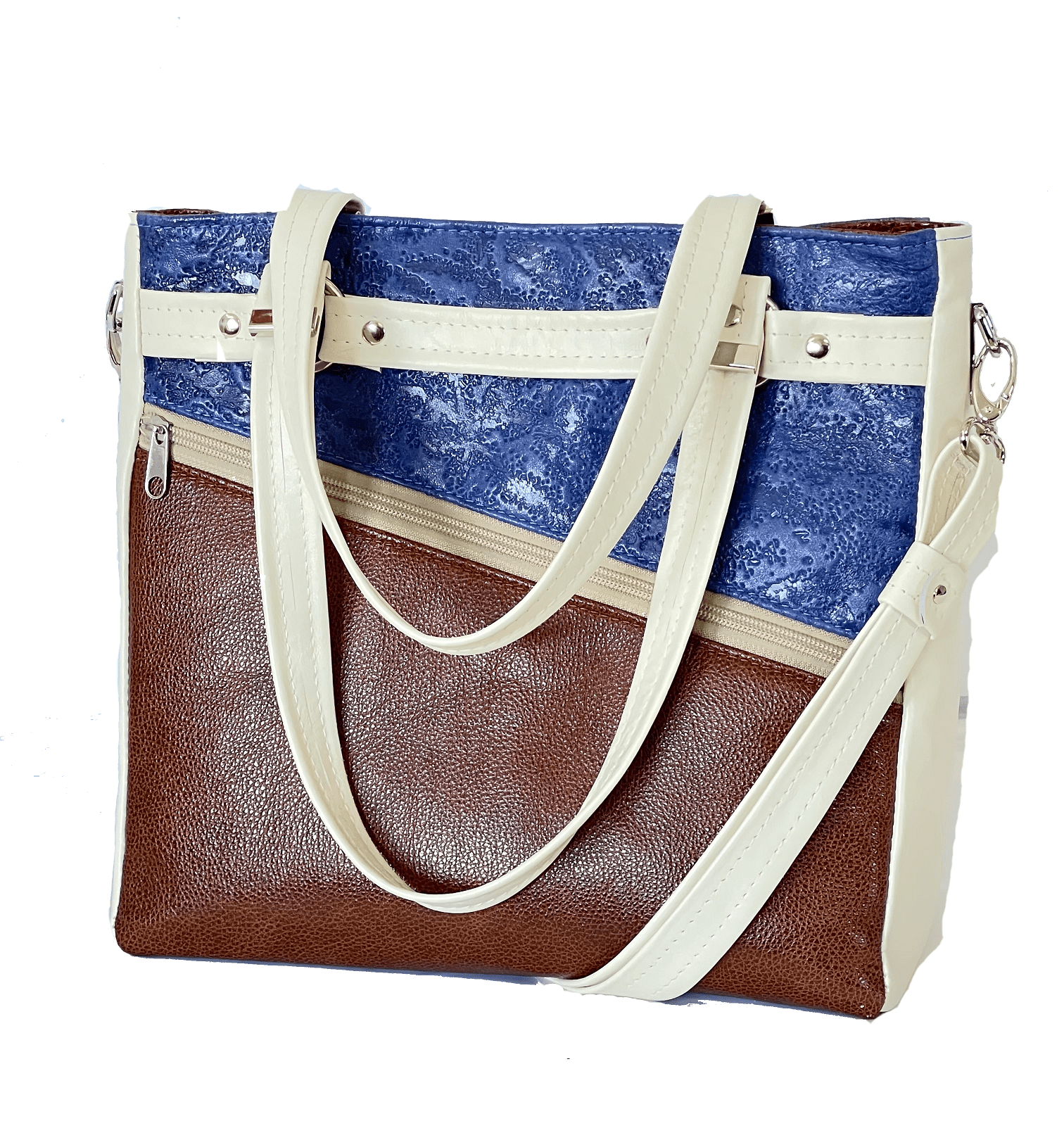 Christine Tote Blue and Brown handles view