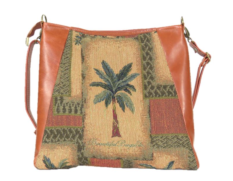Cinnamon Brown Leather and Palm Tree Tapestry Crossbody Handbag back view
