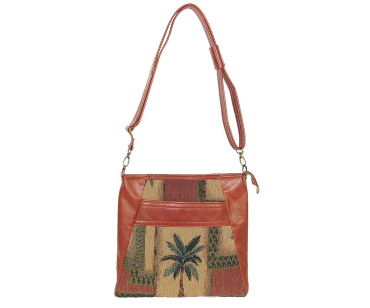 Cinnamon Brown Leather and Palm Tree Tapestry Crossbody Handbag full strap view