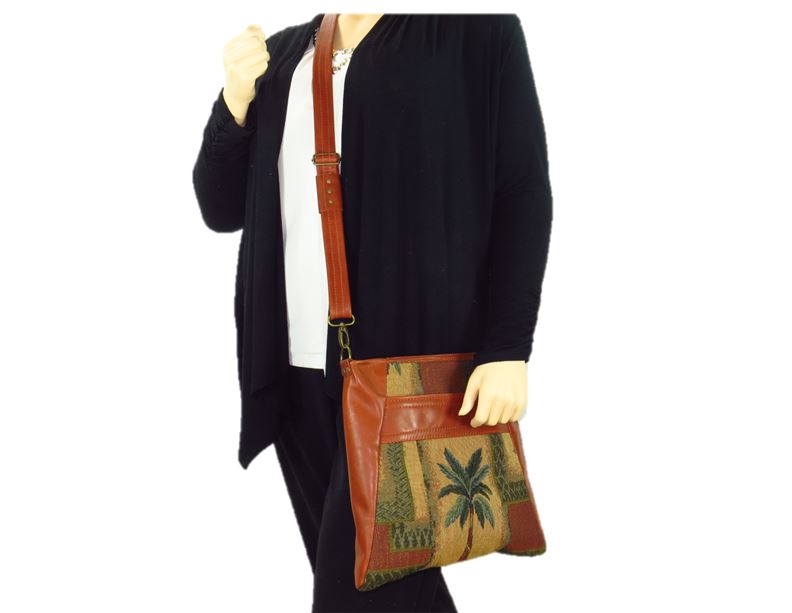 Cinnamon Brown Leather and Palm Tree Tapestry Crossbody Handbag model view