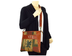Cinnamon Brown Leather and Palm Tree Tapestry Crossbody Handbag model view 2