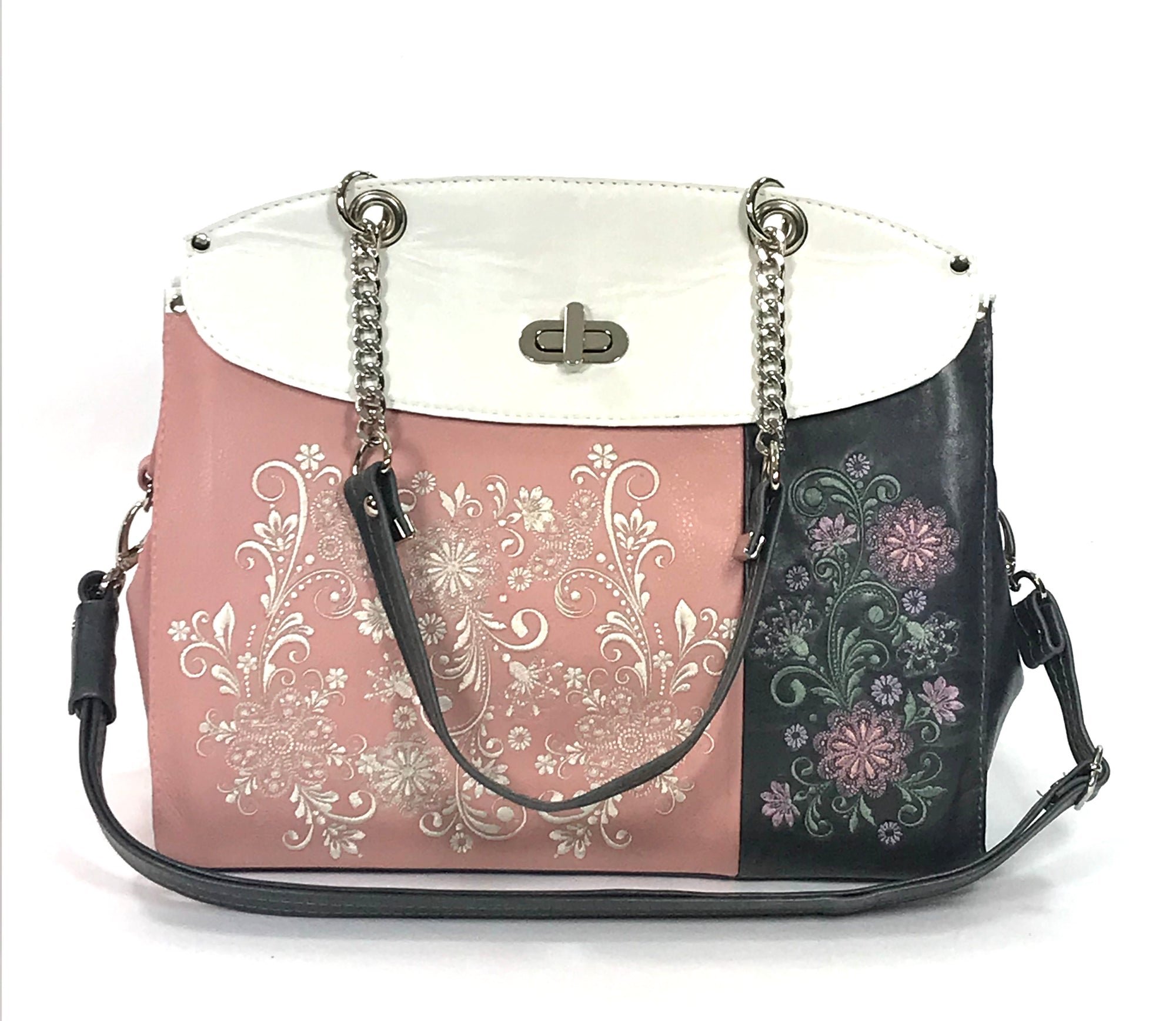 Colorblock Embroidered Leather Flap Bag