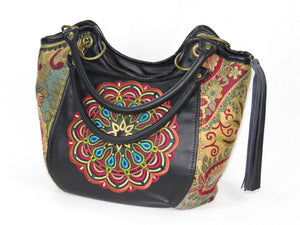 Cross Culture Mandala Leather and Paisley Tapestry Bucket Bag