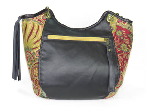 Cross Culture Mandala Leather and Paisley Tapestry Bucket Bag with back zipper pocket