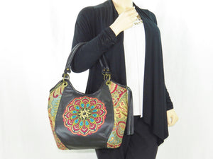 Cross Culture Mandala Leather and Paisley Tapestry Bucket Bag model view