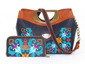 Damask on Navy Leather Handbag and wallet