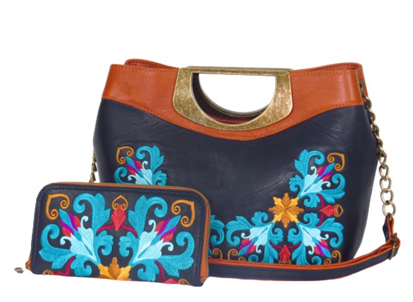 Damask on Navy Leather Handbag and wallet back view