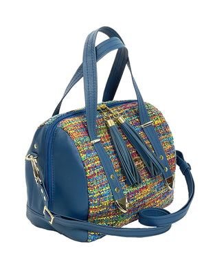 Danielle Barrel Bag Rainbow Tweed and Blue Leather angle view