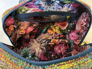Danielle Barrel Bag Rainbow Tweed and Blue Leather interior zipper pocket view