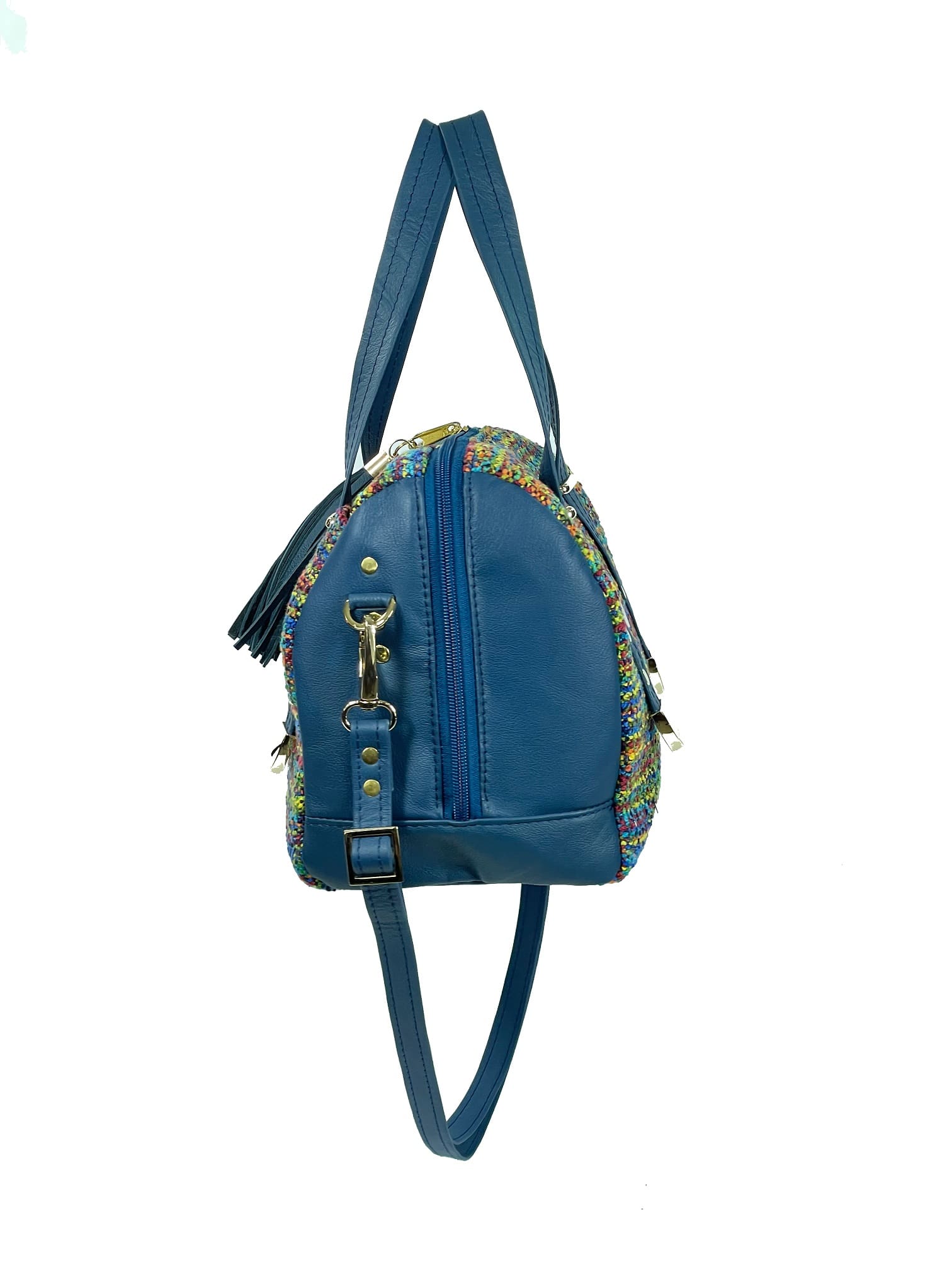 Danielle Barrel Bag Rainbow Tweed and Blue Leather side view