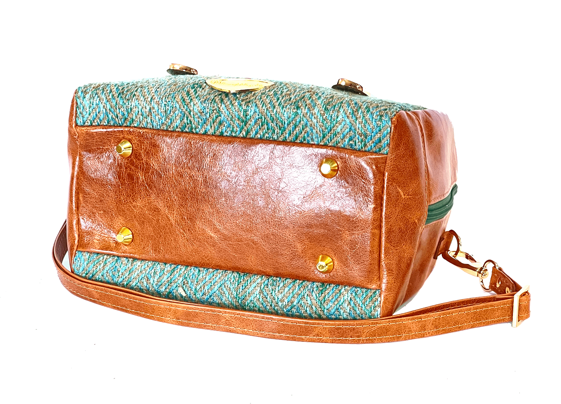 Danielle Barrel Bag Teal Tweed and Caramel Leather bottom view