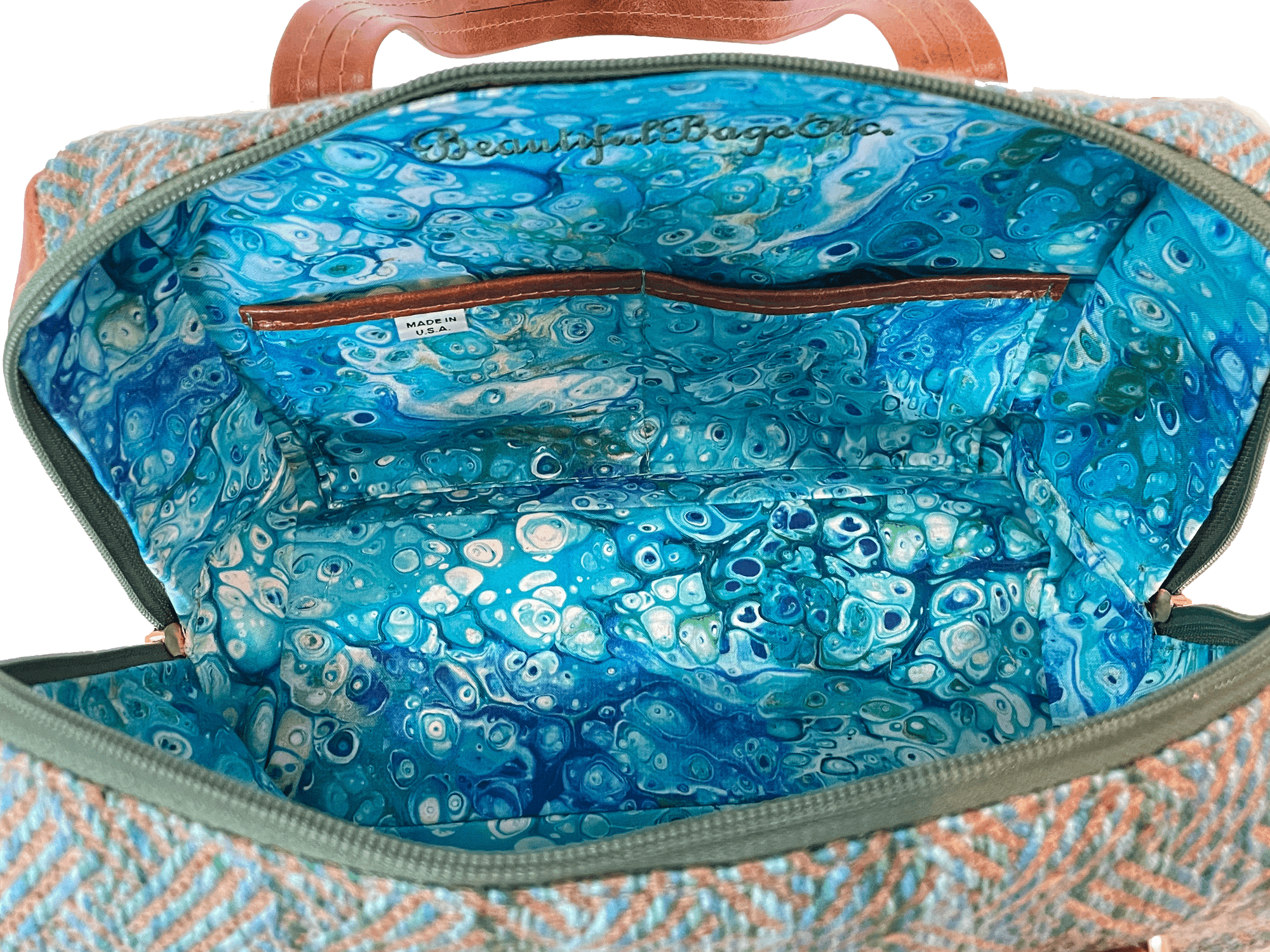 Danielle Barrel Bag Teal Tweed and Caramel Leather interior view