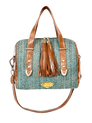 Danielle Barrel Bag Teal Tweed and Caramel Leather strap view