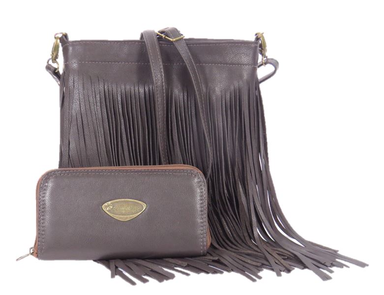 Dark Chocolate Brown Leather Cross Body Fringe Bag with companion wallet