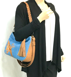 Denim and Leather Slouchy Hobo model view