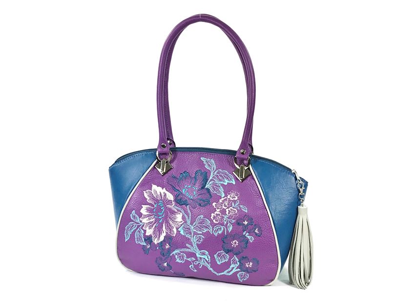 Embroidered Orchid and Bllue Leather Satchel