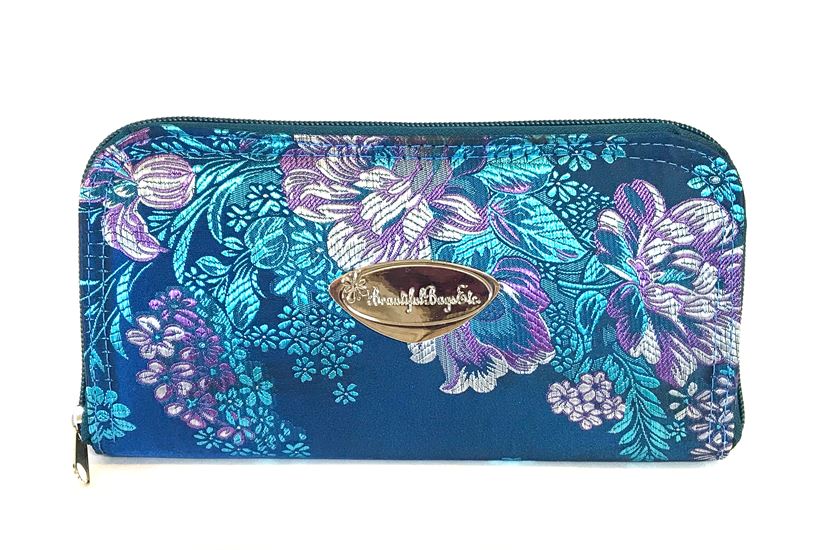 Embroidered Orchid and Blue Leather Satchel companion wallet