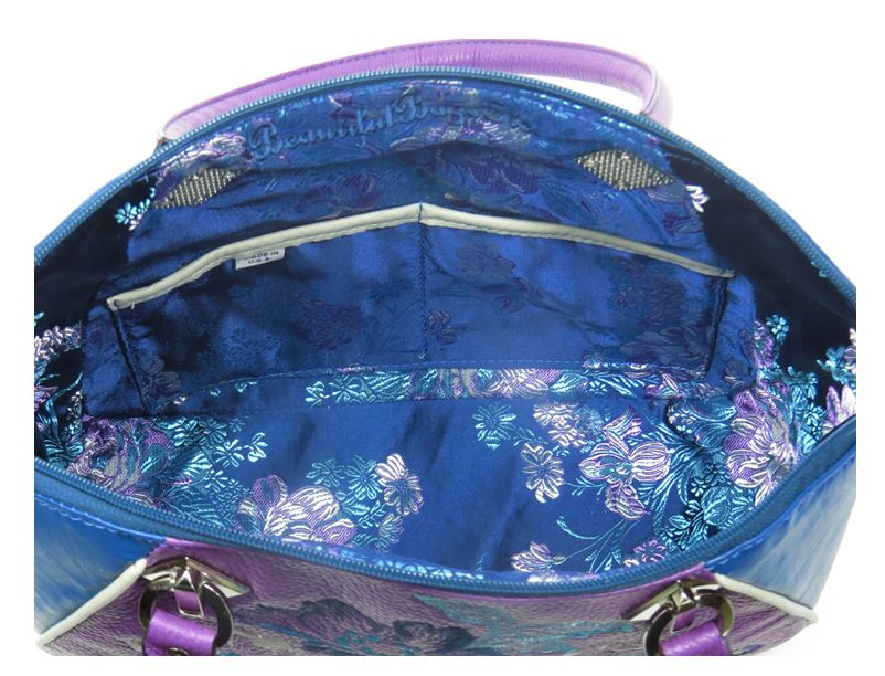 Embroidered Orchid and Blue Leather Satchel interior pockets