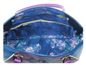 Embroidered Orchid and Blue Leather Satchel interior pockets