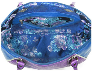 Embroidered Orchid and Blue Leather Satchel interior zipper pocket