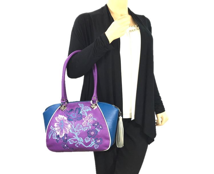 Embroidered Orchid and Blue Leather Satchel model view