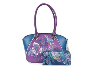 Embroidered Orchid and Blue Leather Satchel with wallet
