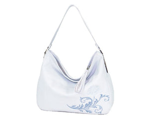 Embroidered Gray Leather Slouchy Hobo
