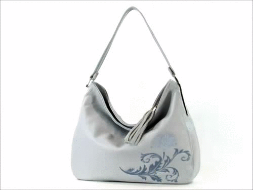 Embroidered Gray Leather Slouchy Hobo Handbag 3D view
