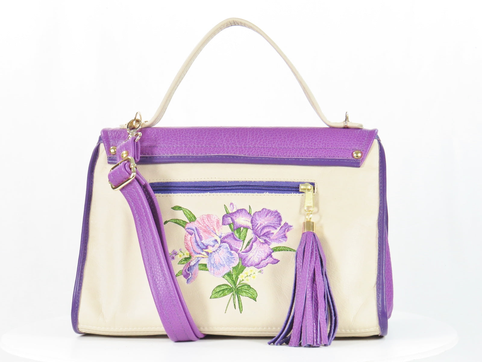 Embroidered Irises  Purple and Beige Leather Purse back side