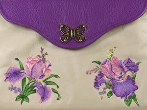 Embroidered Irises  Purple and Beige Leather Purse close-up